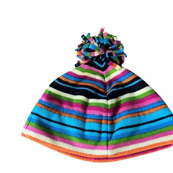 Rainbow striped fleece hat with pom pom - Picture 1 of 8